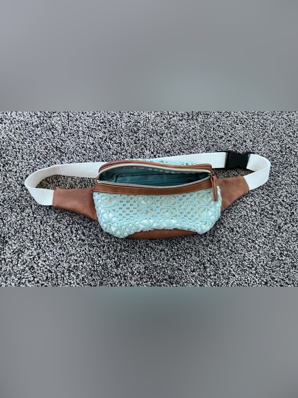 Light Blue Crochet Waist Bag with Brown Faux Leather Trim